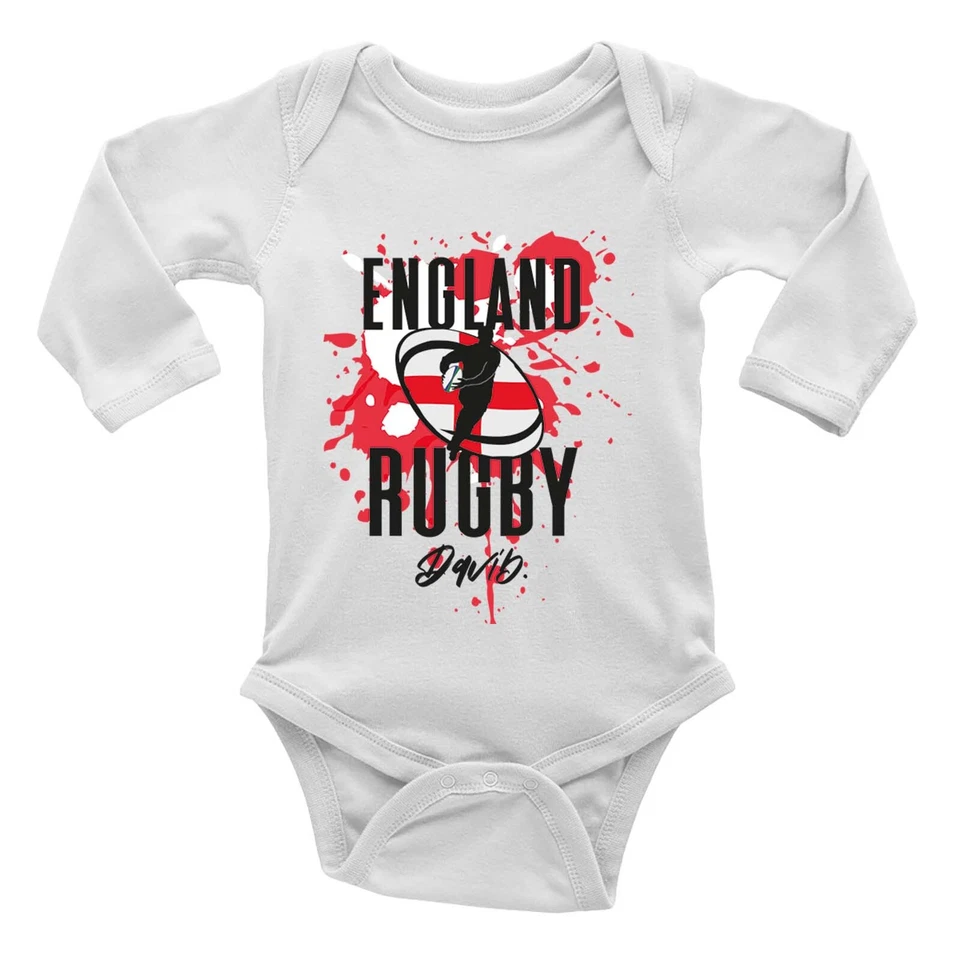 Personalised England Rugby Baby Grow Vest Bodysuit Supporters 6 Nations Gift L/S