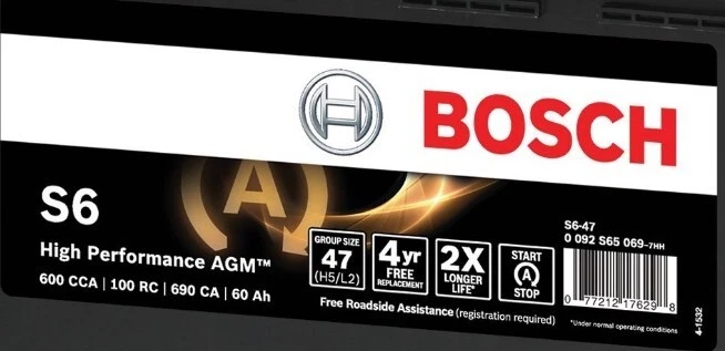 Bateria AGM Válvula Regulada BOSCH BCI Grupo 47 CCA 600 100 Capacidade de Reserva - Imagem 2 de 4