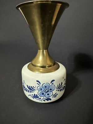 VTG Delftware Vase White Blue Ceramic Brass Top Made Holland #2212