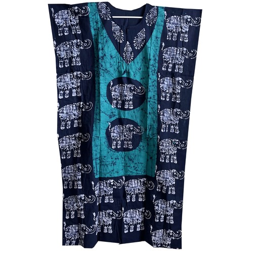 Phagun Elephant Print Long Caftan Maxi Dress - Beach Cover Up, Kimono Sleeve Kaftan