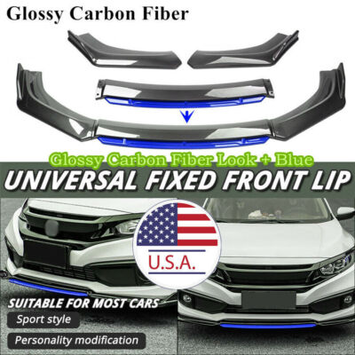 4Pcs Front Bumper Splitter Lip Diffuser Spoiler Body Kit Carbon Fiber Style+Blue