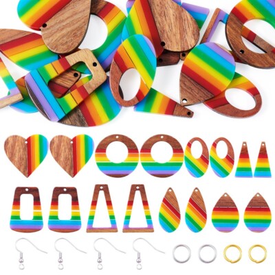 8Pairs Rainbow Opaque Flat Round Resin Walnut Pendants DIY Earring Making Kit