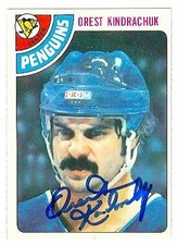 Orest Kindrachuk autographed hockey card (Penguis) 1978 O-Pee-Chee #114