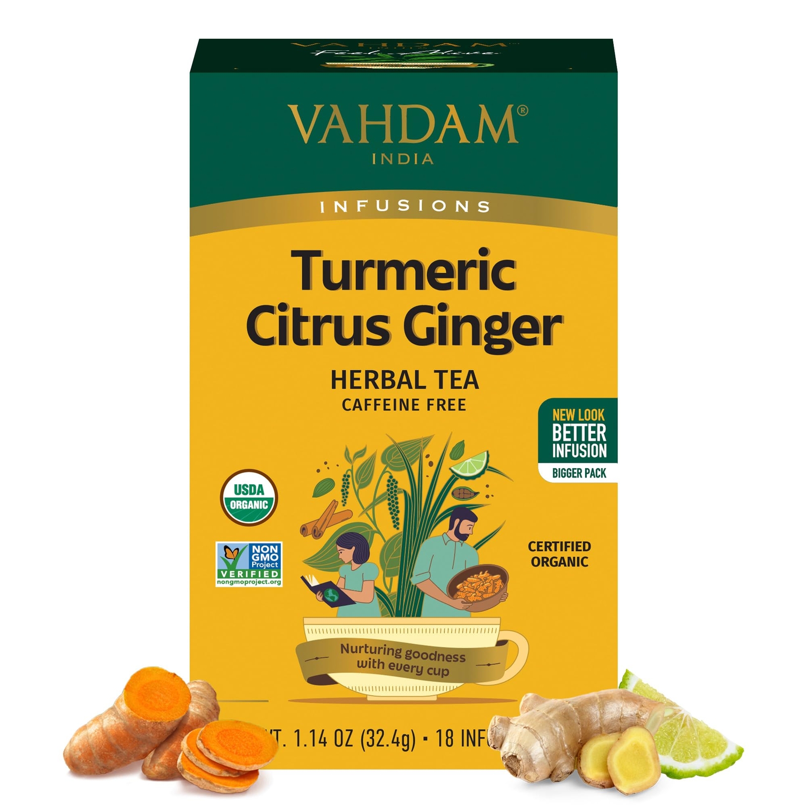 VAHDAM Organic Turmeric Citrus Ginger Herbal Tea (18 Count) Caffeine Free Glu...