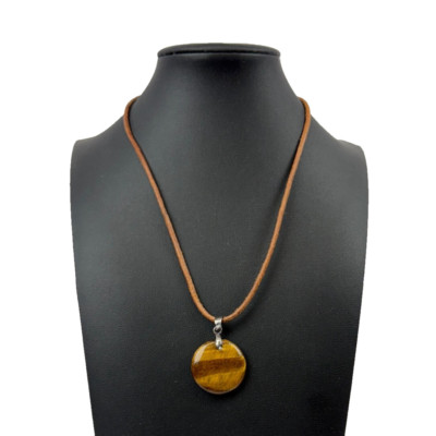 Barse 925 Tiger's Eye Circle Pendant Sterling Silver Necklace 16''-18'' Suede Cord