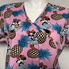 Disney Parks Minnie Mouse Pineapple Pink Blue Nurse Scrub Top 2 pockets 2XL
