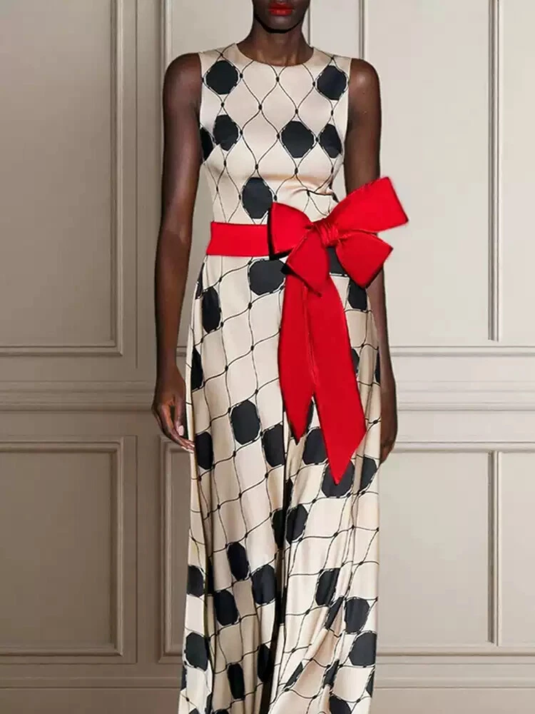 OFF WHITE Abito donna lungo girocollo senza maniche gonna sexy primaverile cravatta fiocco fascia alta