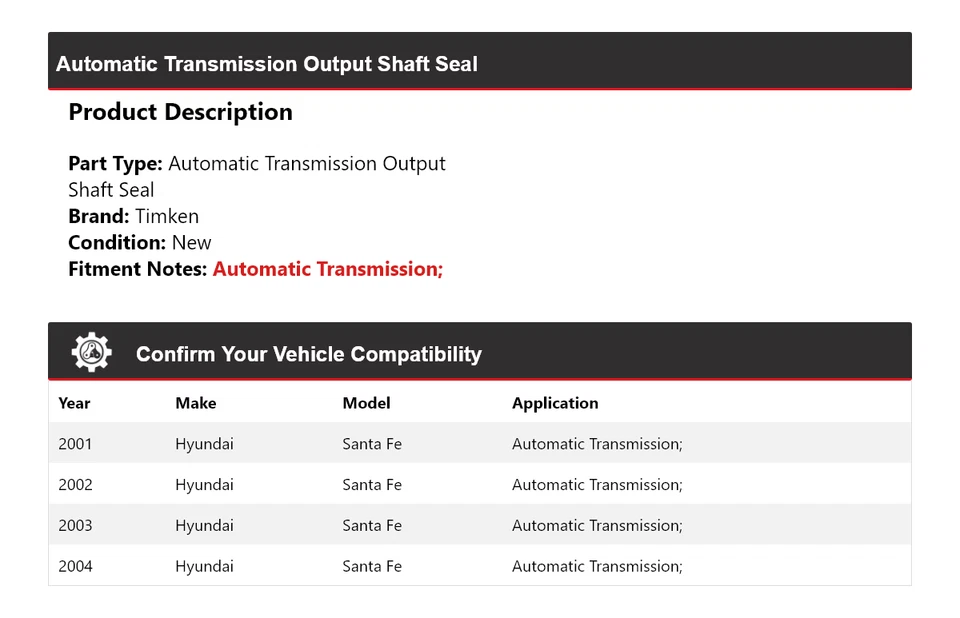 Sello de eje de salida de transmisión automática Timken para Hyundai Santa Fe 2001-2004 Foto 2 de 4