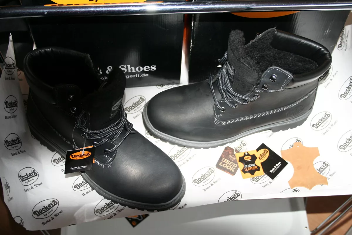 DOCKERS by gerli 46 Neu CRAZY HORSE BOOTS black echtes B ffel Leder Textilteddy