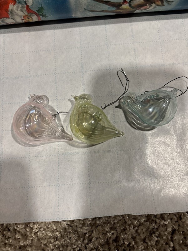 3 Vintage Mouth Blown Glass Bird Ornaments Pink, Yellow And Blue