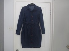 V by Very Denim Knee Length Shirt Dress Size 12 Blue Belted & Button Up Front