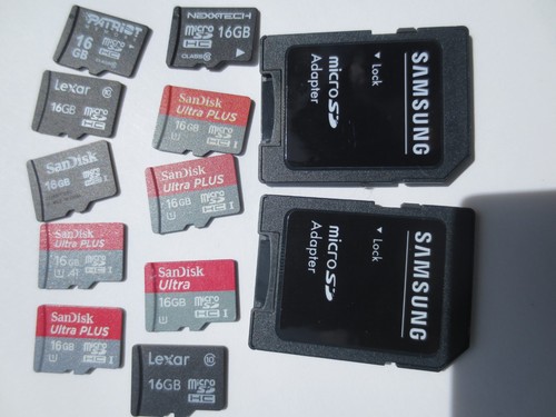 Lot of 10 used mixed 16GB class 10 MICRO SD Card's and 2 Samsung adapters 1