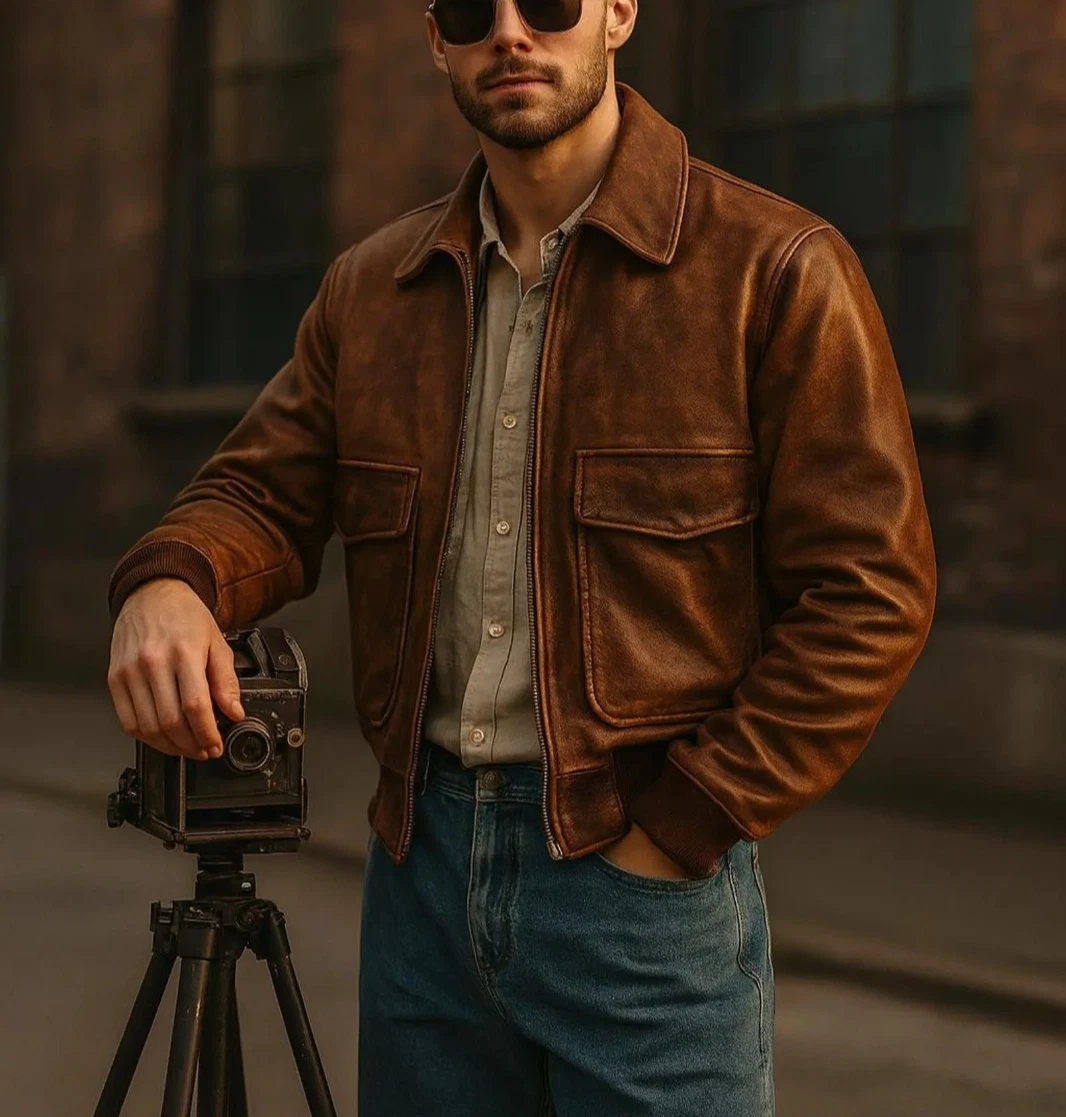 Men's Two Tone Tan Real Leather Bomber Jacket Vintage Pilot Style Outwear XS-XLL