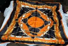 Navy Orange Equestrian Belt  Chain Print Silk Feel Square Scarf 28x28