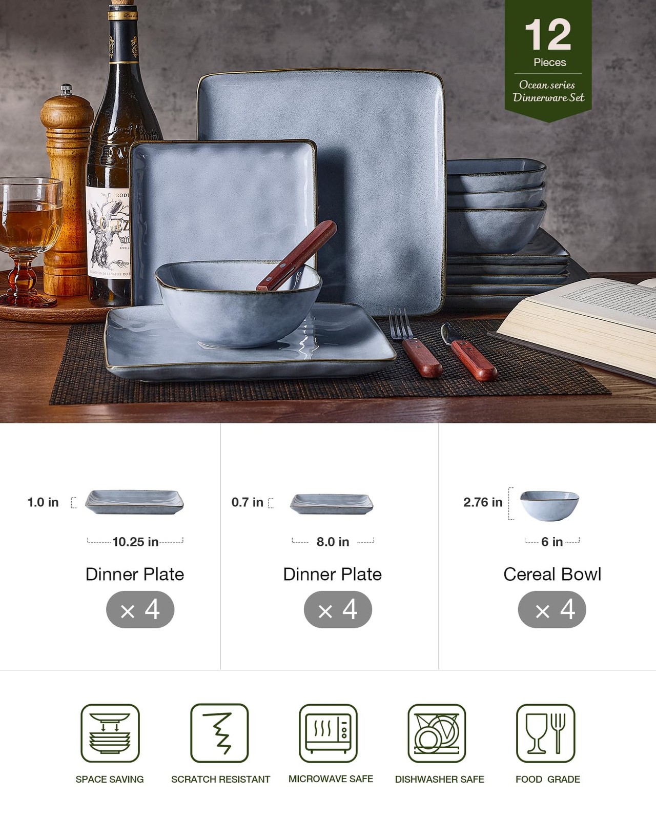 Famiware Dinnerware Sets for 4, Ocean Square 12-Piece Kitchen Plates and Bowls