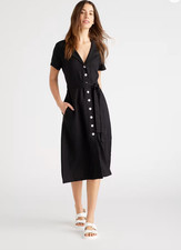 Quince NWT 100% European Linen Button Front Midi Dress Black Size XS