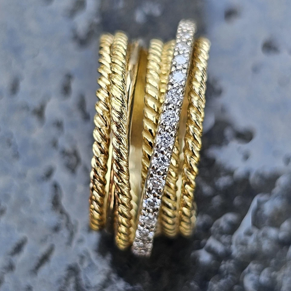 Anillo cruzado con cable David Yurman banda 7 filas diamante oro 18k talla 6,75 10,3 g 10 mm Foto 2 de 4