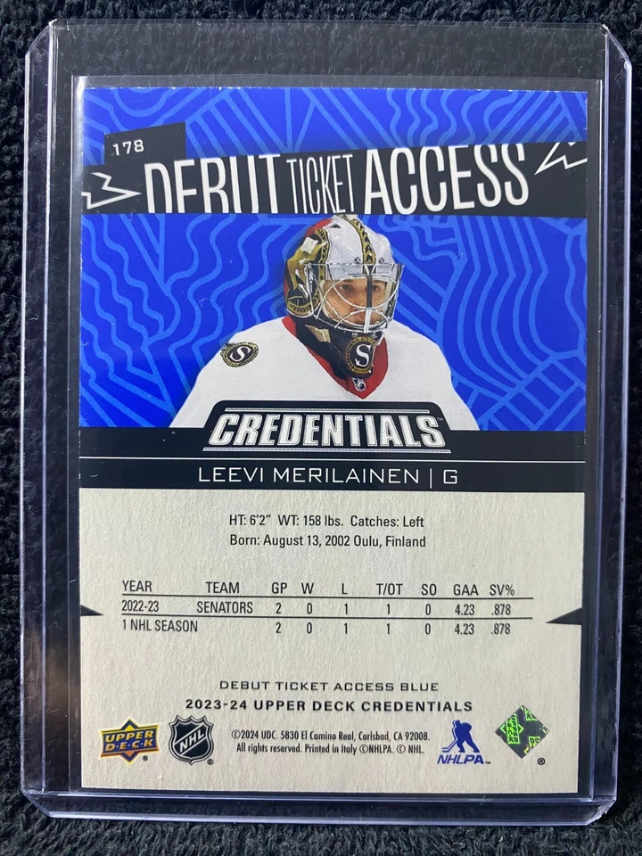 2023-24 Credentials - Debut Ticket - Blue - #178 Leevi Merilainen **121/149** - Image 2 of 2