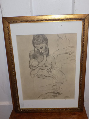 Vintage 1904 Picasso Print Mother and Child / Four Studies of the Hand In Frame