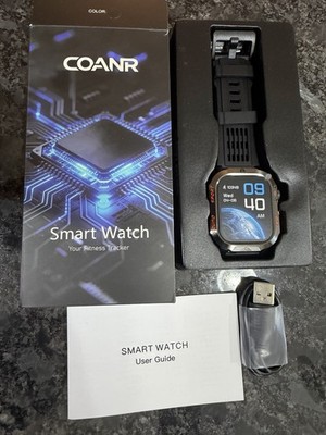 COANR Smart Watch 49mm Black Metal Case Black Silicone Band Touchscreen
