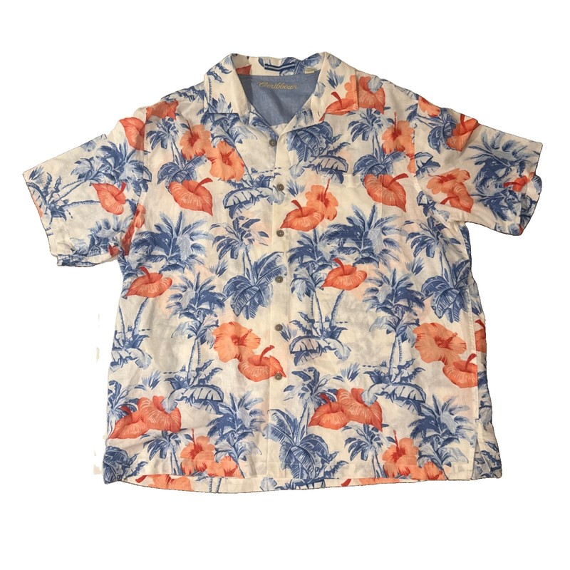 New Caribbean Roundtree Yorke Hawaiian Shirt L White Floral Linen/Cotton 
