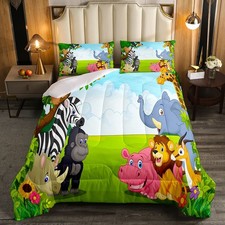 Kids Cartoon Animal Soft Comforter Set Jungle Elephant Lion Zebra Giraffe Mon...