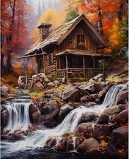 Paint by Numbers Cabin in Autumn DIY Painting On Canvas, Paintwork with Paintbru