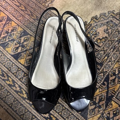 Predictions Women Black Patent Leather Peep Toe Slingback Wedge Heels Size 7