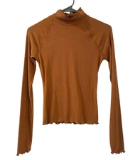 SO Brand Top Women's S Boho Long Sleeve Ribbed Ruffle Trim Mock Neck Shirt Brown
