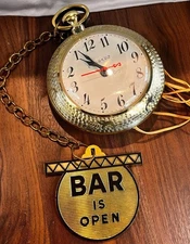 Vintage Spartus Reverse Wall Clock – Giant Pocket Watch Style – “Bar Is Open”