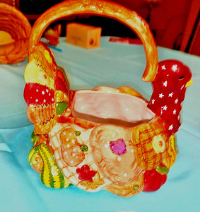 Vintage Colorful Ceramic Thanksgiving Turkey Basket/Planter /Candy Dish-@ 8in.