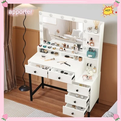 YAMISSI 11 Led Lights Makeup Desk Set with Mirror Dressing Dresser Table White Vanity US