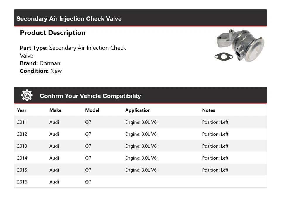 Válvula de retención de inyección de aire secundaria para Audi Q7 Dorman 2011-2016 2012 2013 2014 Foto 2 de 4