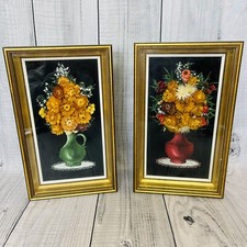 VTG MID CENTURY FRAMED 3D Faux Flowers In Vase Shadow Box Picture Pair Set WOW