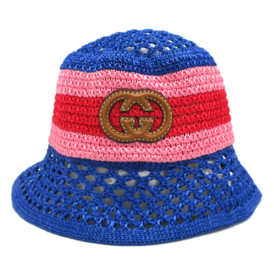 GUCCI Interlocking G Leather Logo Raffia Effect Bucket Hat Blue x