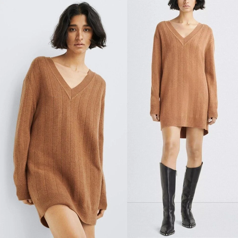 Rag & Bone Durham Cashmere Camel Brown Herringbone Knit V Neck Mini Dress XS - Image 2 of 4