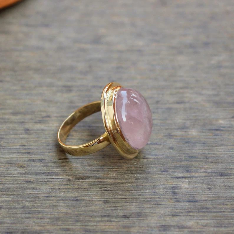 Natural Pink Rose Quartz Cab Gemstone Sterling Silver Yellow Gold Plated Ring - Изображение 4 из 4