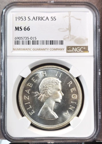 1953 SOUTH AFRICA SILVER 5 SHILLINGS SPRINGBOK NGC MS 66 RARE HIGH GRADE GEM