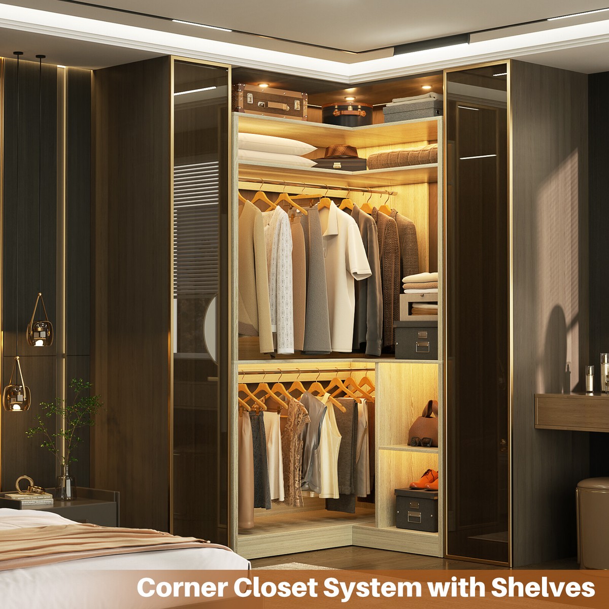 34in Corner Closet System with Shelves ＆ 2 Hanging Rods,Walk-in