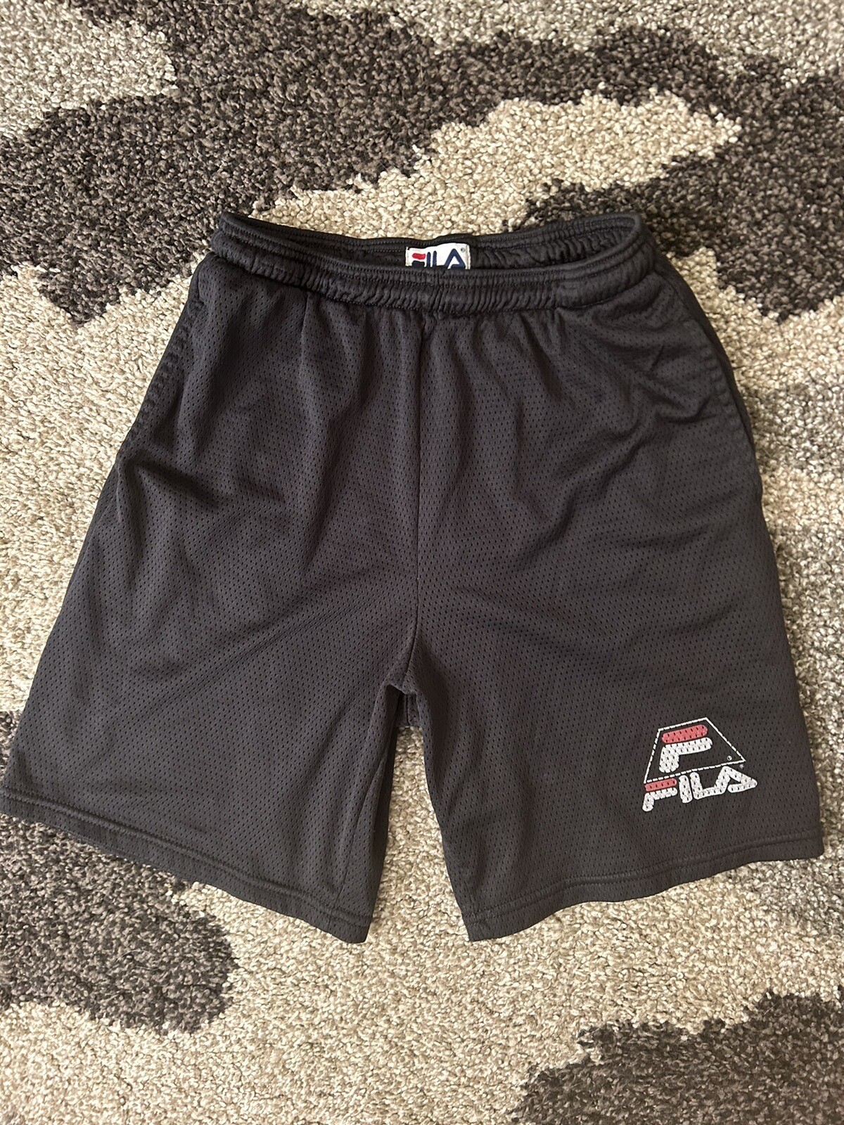 Pantaloncini da uomo piccoli in rete nera Fila 7 25"" Inseam allenamento atletico con tasche in perfette condizioni