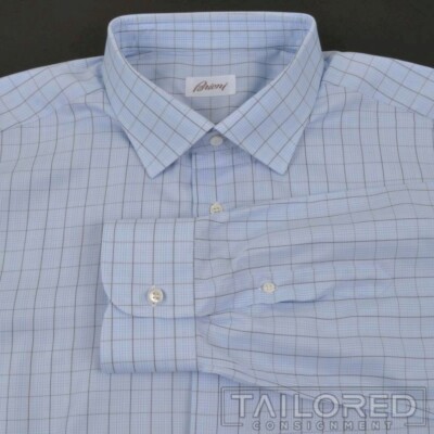 BRIONI Recent Blue Check 100% Cotton Mens Luxury Dress Shirt - 18 / L