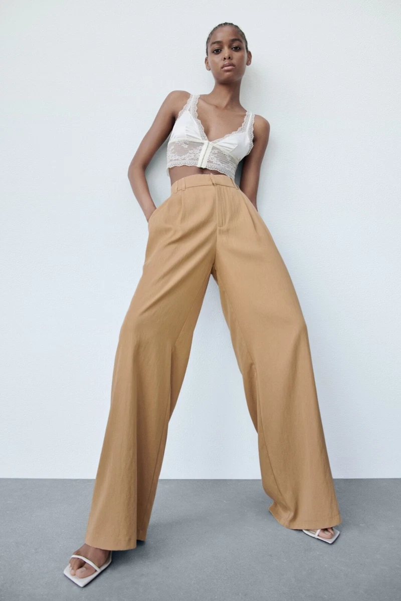 ZARA WOMEN NWT Full Length High-Waisted Pants Taupe Brown 4661/204