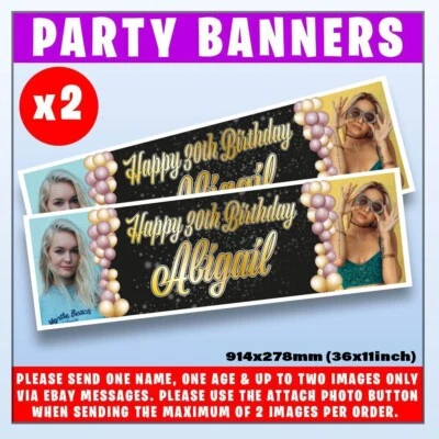 PERSONALISED PHOTO BIRTHDAY BANNERS x2 40th 16th 21st ANY AGE ROSE GOLD BALLOON