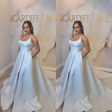 Elegant Wedding Dress with Side Pockets Satin Plus Size Bridal Gown Sweep Train
