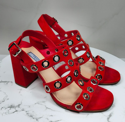 Prada Wildleder Ösen Blockabsatz Sandalen Rot Gr.39 1/2
