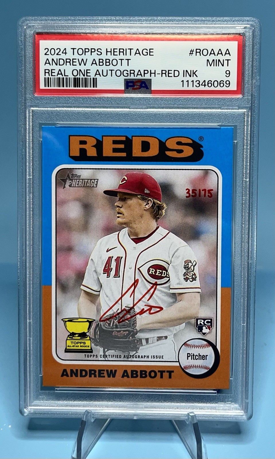 ANDREW ABBOTT 2024 Topps Heritage REAL ONE RED INK AUTO #/75 PSA 9 RC Reds