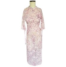 The Kat Vietnamese Ao Dai Chiffon Long Petal Pink Floral Tunic-No Pants Sz S-XS