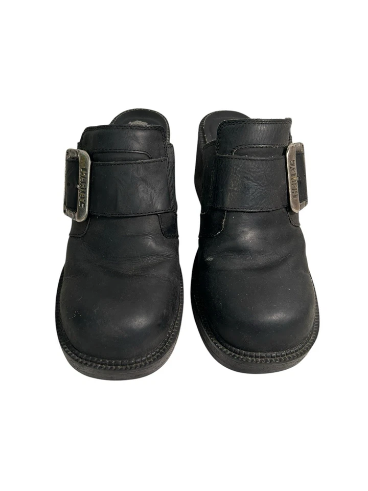 Harley Davidson Clogs 9 Black Leather Buckle Mules Chunky Heel Festival READ - Image 3 of 4