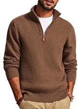 Mens Quarter Zip Pullover Sweaters Casual Slim Fit Knit Texture X-Large Coffee