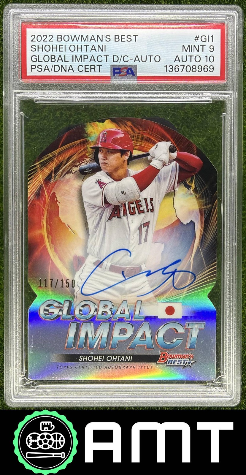 Shohei Ohtani PSA 9 Auto 10 2022 Bowman's Best 117/150 Global Impact Die Cut 969 view 1